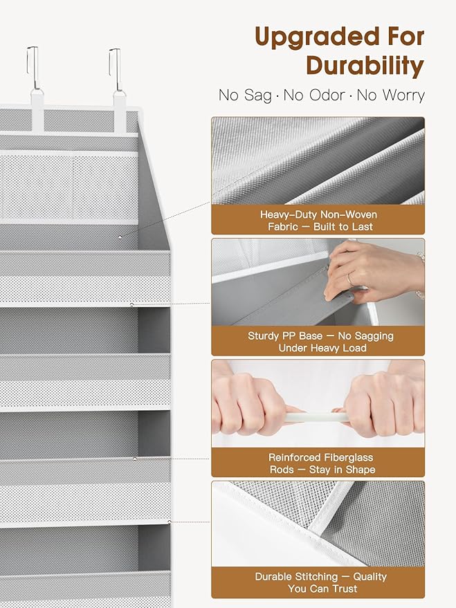Criusia 2 Pack Over The Door Organizer, Heavy-Duty 6-Shelf Hanging Storage with 13 Mesh Pockets, 55lbs Capacity Behind The Door Storage for Nursery, Bathroom, Bedroom, and Dorm, Grey - Image 4