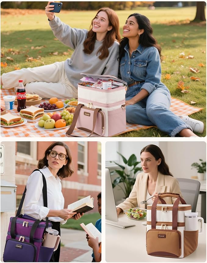 LOVEVOOK Insulated Lunch Bag For Women,Large Double Deck Adult Lunch Box,Teacher Lunch Tote Bag With Cup Holder,Leakproof Cooler Bag With Adjustable Shoulder Strap For Work Picnic Beach,Larger 15L - Image 7