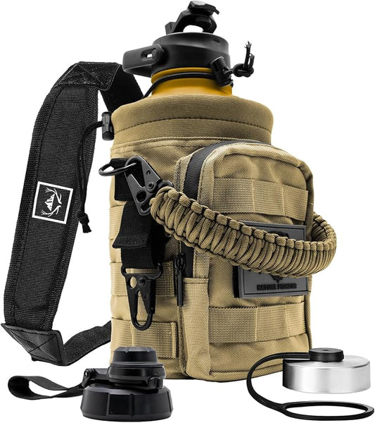 NATURE PIONEOR 64 oz Tactical Water Bottle with MOLLE Bottle Pouch & 3 Lids | 18/8 Food-grade Stainless Steel, Double Vacuum Insulation, 3 Leak-proof Lids, Handle, Strap, Camping, Hiking, Gym, Work by NATUREPIONEOR