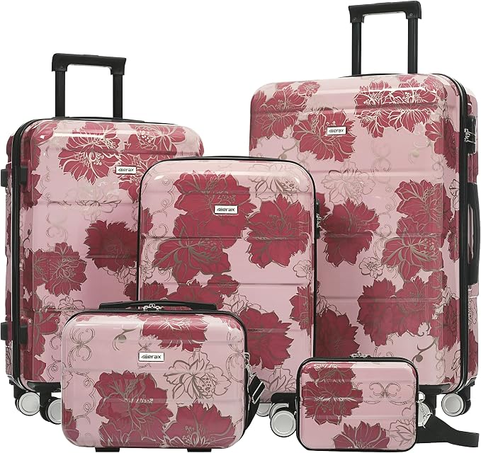 Merax 5 Piece Luggage Set with Spinner Wheels, Light Suitcase 8/14/20/24/28 | Durable Carry on Luggage with Handbag and Cosmetic Case Suitable all Ages,Purple Pink Flower by Merax