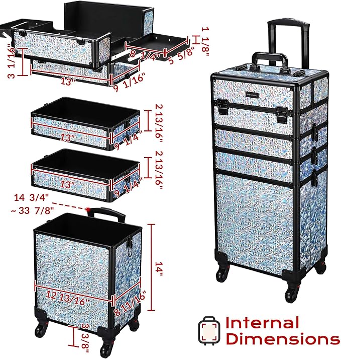 BYOOTIQUE Rolling Makeup Case 4in1 Cosmetology case on wheels Makeup Artist | Aluminum Rolling Makeup Suitcase 360° Detachable Wheel Lockable 54Lb Large Capacity Organizer Nail Tech Mermaid Silver - Image 6
