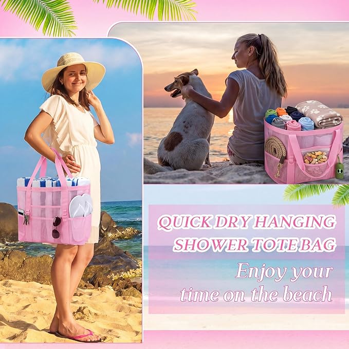 Hillban Large Beach Mesh Bags Bulk for Women Beach Tote Bag with 8 Pocket Zipper Waterproof Sandproof for Pool Cruise Ship - Image 4