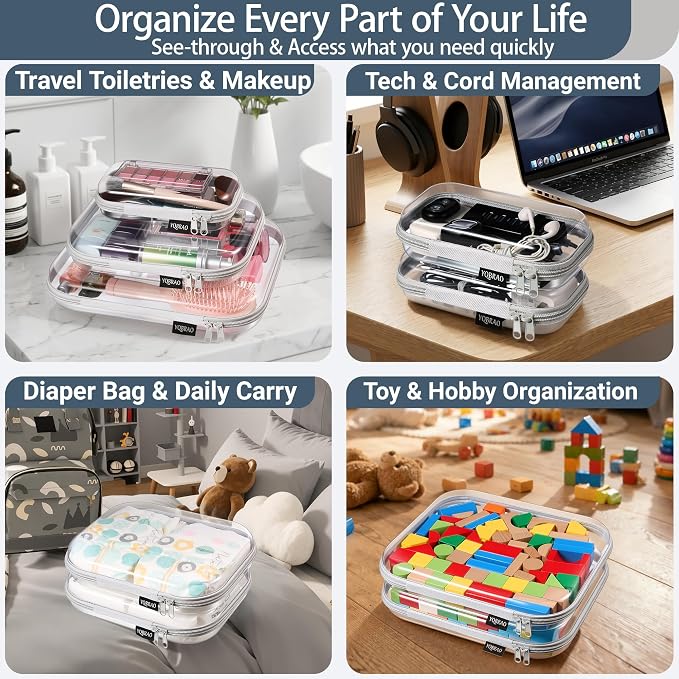 YQBRAO 4-Pack Clear Diaper Bag Organizer Pouches, 1.2mm Ultra-Thick PET Travel Pouches for Toiletries & Makeup, Rigid Self-Standing Bags with YKK Zippers, TSA Approved (Gray) - Image 3
