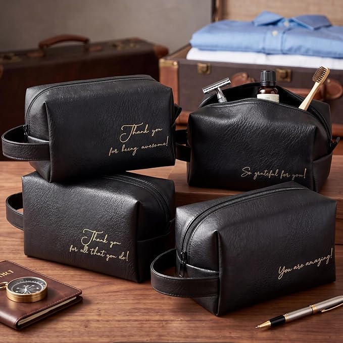 8 Pcs Men Toiletry Travel Bags Bulk Black Leather Toiletry Bags for Men Employee Appreciation Groomsmen Gifts Toiletries Kit for Business Trip Wedding Travel by SilTriangle