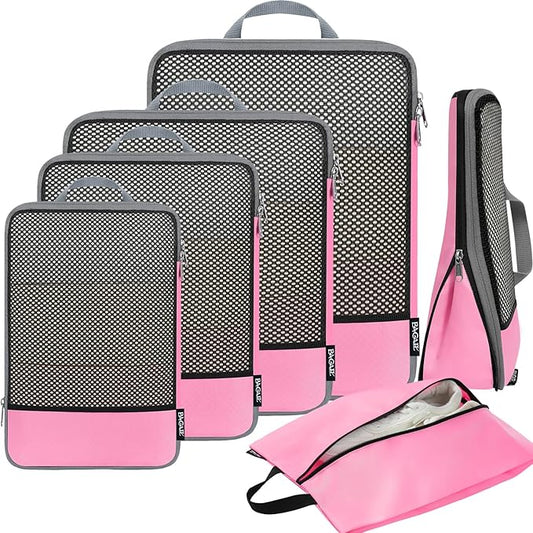 BAGAIL 4 Set/6 Set/8 Set Compression Packing Cubes Travel Accessories Expandable Packing Organizers (Half Mesh, 6-Pink) by BAGAIL