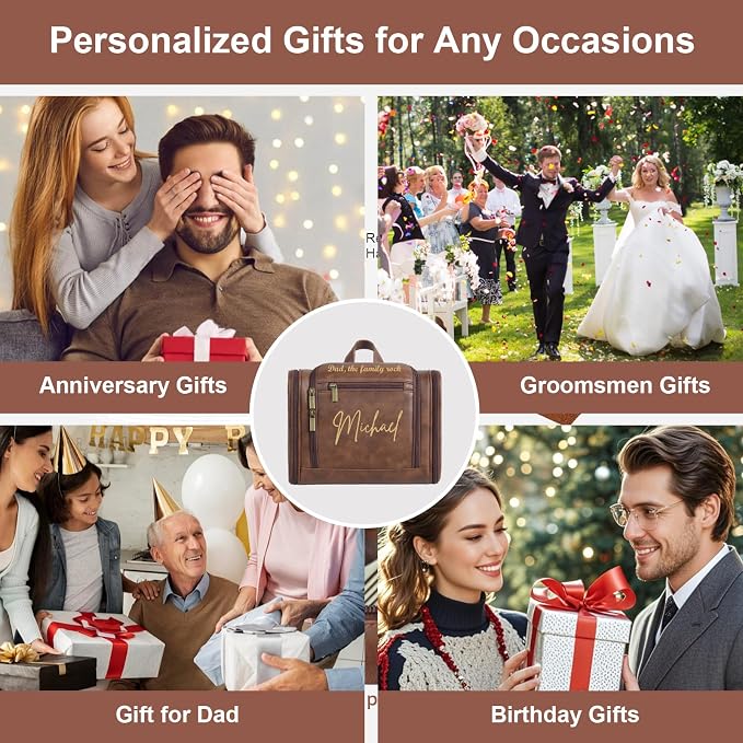 Personalized Toiletry Bag For Men, Large Capacity Travel Doop Kit, Vintage Color PU Leather, Custom Name Initials, Gifts for Dad, Husband, Boyfriend, Groomsmen, Birthday (Style 4) - Image 8