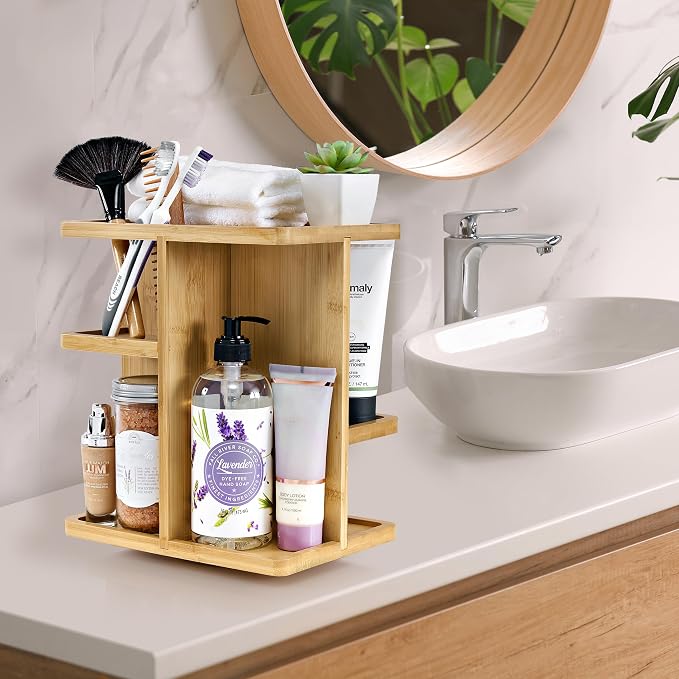 Sorbus 360° Makeup Organizer - Bamboo Wood Make Up Storage Carousel for Cosmetics, Skin Care Rotating Makeup Organizer for Vanity, Bathroom Storage - Image 2