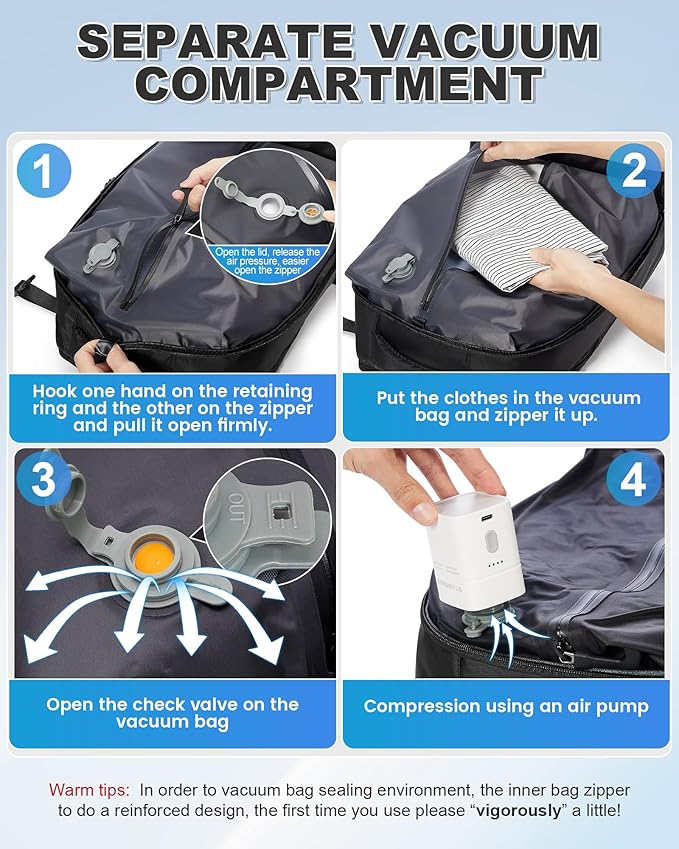 VGCUB Vacuum Backpack Travel with Pump, Vacuum Seal Compression Bags Laptop Backpack Personal Item - Image 3