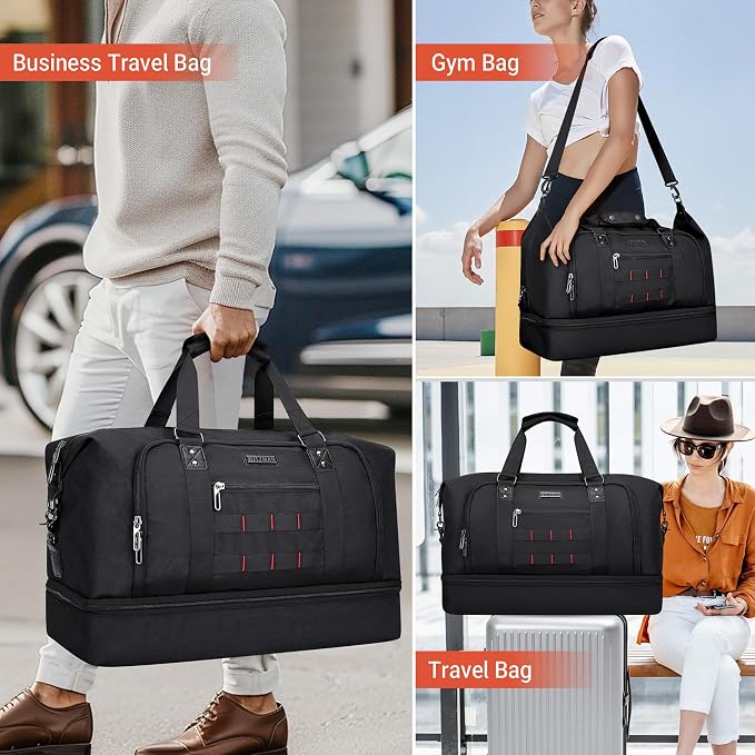WITZMAN Nylon Duffle Bag for Men 55L with Toiletry Bag Sets Overnight Bag | Multi-pockets with Shoe Compartment and Dry-wet Pocket, Carry On, Convertible for Gym, Overnight, Sports, B696 Black - Image 2