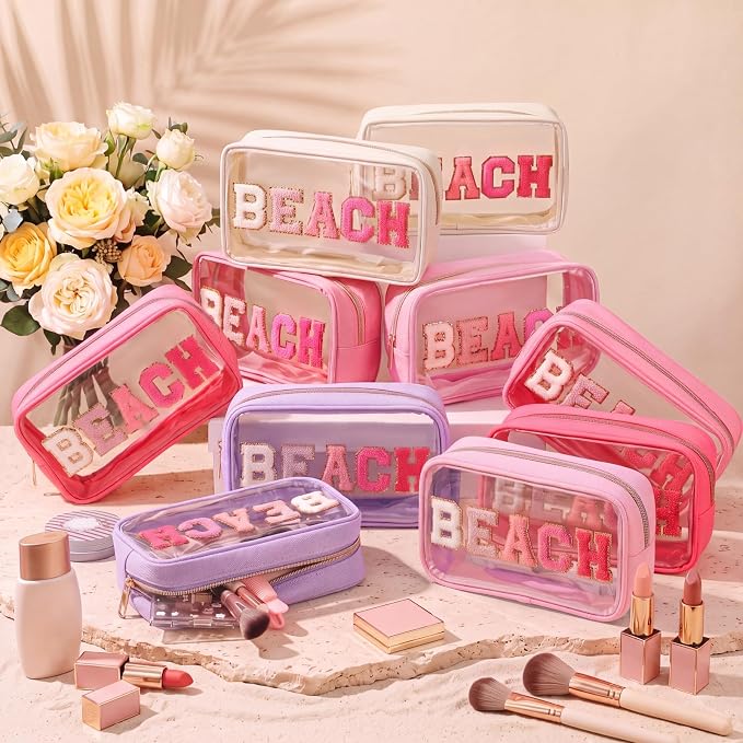 Kacctyen 10 Pcs Beach Clear Makeup Bags with Zipper in 5 Assorted Colors, Chenille Letter Sunscreen Bags Bulk, Waterproof Clear Toiletry Bag for Women Beach Pool Trip & Summer Birthday Party Favors - Image 6