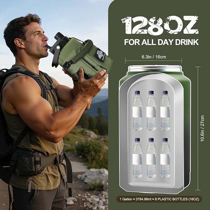 NATURE PIONEOR 128oz/1 Gallon Tactical Water Bottle with MOLLE Bottle Pouch | 18/8 Food-grade Stainless Steel, Double Vacuum Insulation, Wide-Mouth, Straw & Spout Lid, Strap, Camping, Hiking, Gym, Work - Image 7