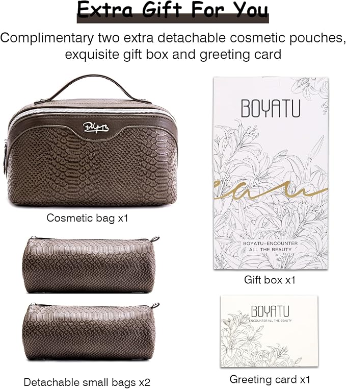 BOYATU Travel Makeup Bags for Women: 3 Pcs Set Wide Open Cosmetic Bag - Portable Make up Bags with Handle - Vegan Leather Toiletry Organizer Bag with Divider (G-03-Coffee) - Image 6