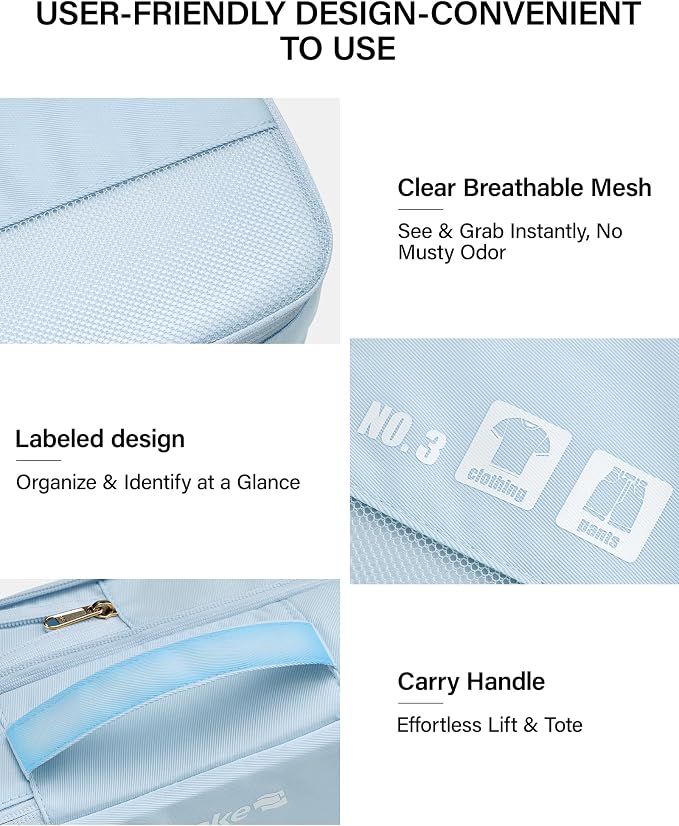Hanke 7 Piece Expandable Compression Packing Cubes, Premium Travel Packing Organizers for Suitcases/Carry On, Luggage Organizer Bags with Breathable Mesh & Label,Light Blue - Image 7
