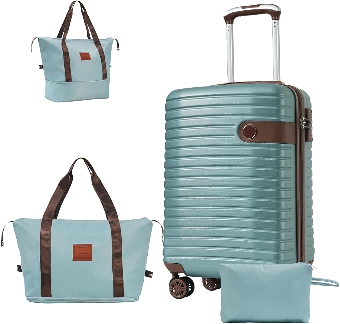 3 Piece Carry On Luggage Sets, 20 Inch Airline Approved Hard Shell Suitcase with TSA Lock & 360° Spinner Wheels, Travel Set with Duffel Bag for Women (Blue) by Unknown