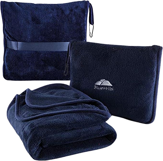 BlueHills Premium Soft Travel Blanket Pillow Airplane Compact - Navy Blue | Convertible 2 in 1 Travel Blanket to Pillow, Matching Zipper Case, Luggage Strap & Carabiner, Compact, Long Flight Essentials by BlueHills