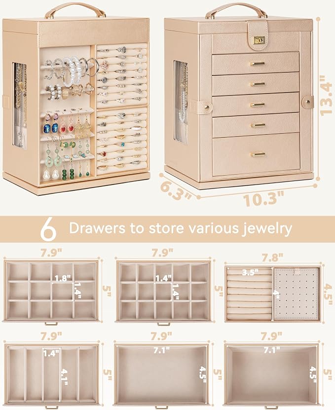 AKOZLIN 6-Tier Jewelry Box Organizer Functional 5 Drawers Leather Jewelry Storage Case for Women Girls Ring Necklace Earring Bracelet Holder Organizer with Mirror XL Champagne 360° Rotating - Image 4