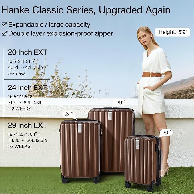 Hanke 20 Inch Expandable Carry on Luggage 22x14x9 Airline Approved Lightweight PC Hard Shell Suitcases with Wheels Tsa Luggage Rolling Suitcase Travel Luggage Bag for Weekender(Brown) - Image 2