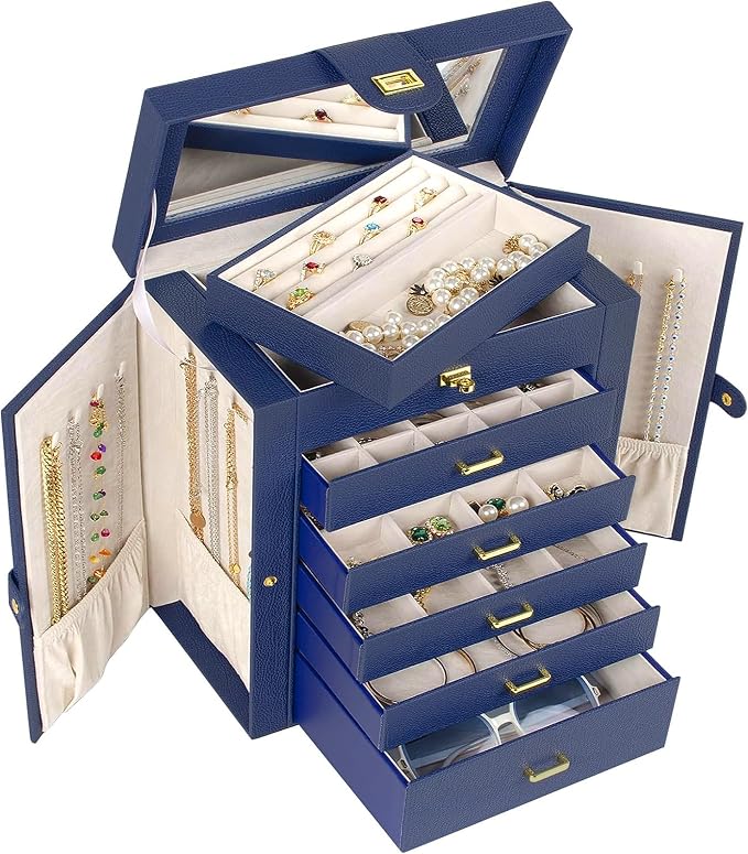 AKOZLIN 6-Tier Jewelry Box Organizer Functional 5 Drawers Leather Jewelry Storage Case for Women Girls Ring Necklace Earring Bracelet Holder Organizer with Mirror Blue Large - Image 2