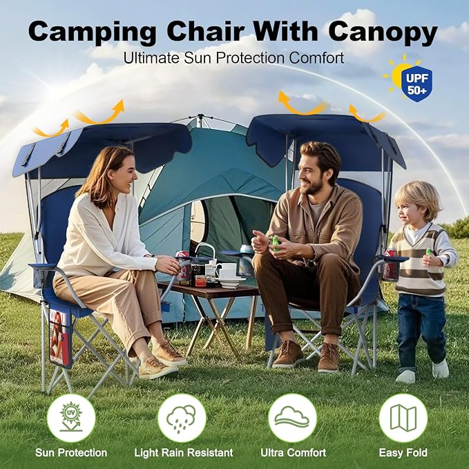 VTOY Portable Camping Chair with Canopy - Folding Chair with Canopy, Durable 600D Oxford Canopy Chair for Camping, Beach, Picnics, Fishing & Sports - Image 2