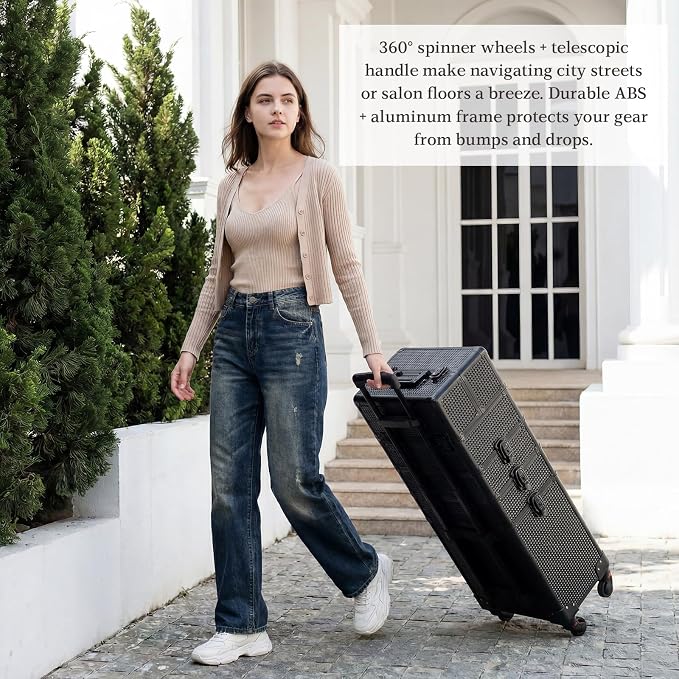 SHOWERSAFE 4 in 1 makeup train case - Professional cosmetology case on wheels, Large Transformable Makeup Train Case & Barber Case, Portable rolling makeup case & Makeup Cart, Jet Black - Image 3