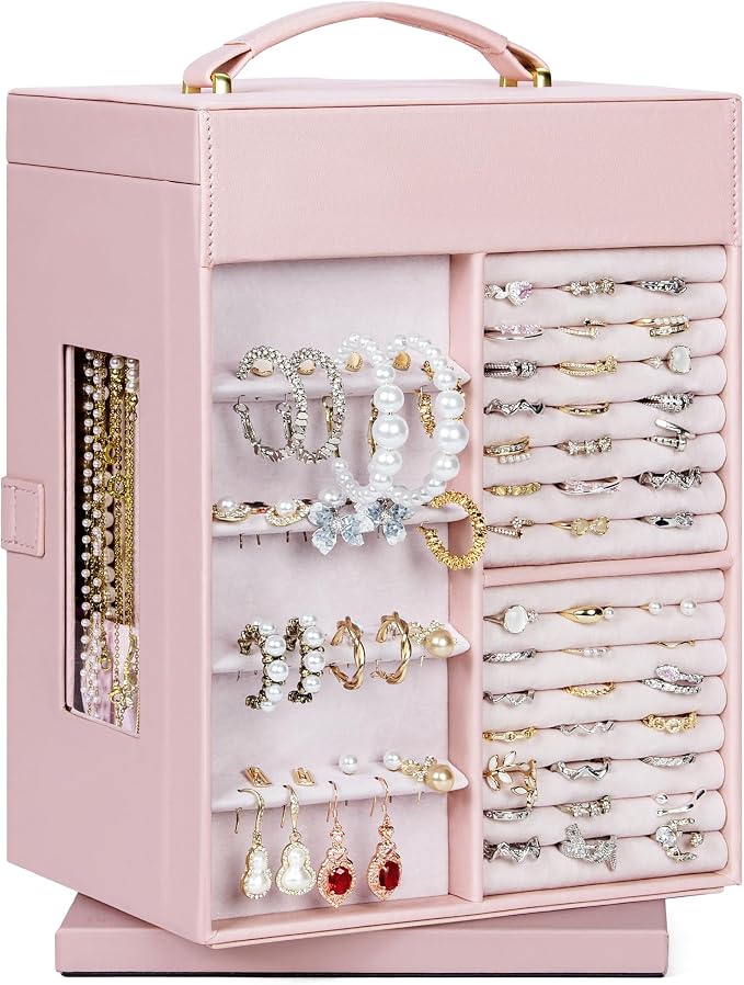 AKOZLIN 6-Tier Jewelry Box Organizer Functional 5 Drawers Leather Jewelry Storage Case for Women Girls Ring Necklace Earring Bracelet Holder Organizer with Mirror Pink 360° Rotating - Image 3