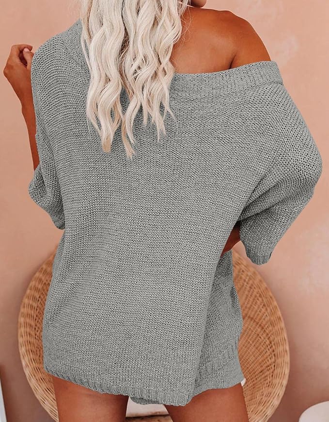 Ermonn Womens 2 Piece Outfits Sweater Sets Off Shoulder Knit Tops Waist Short Suits Casual Pajama Set - Image 3