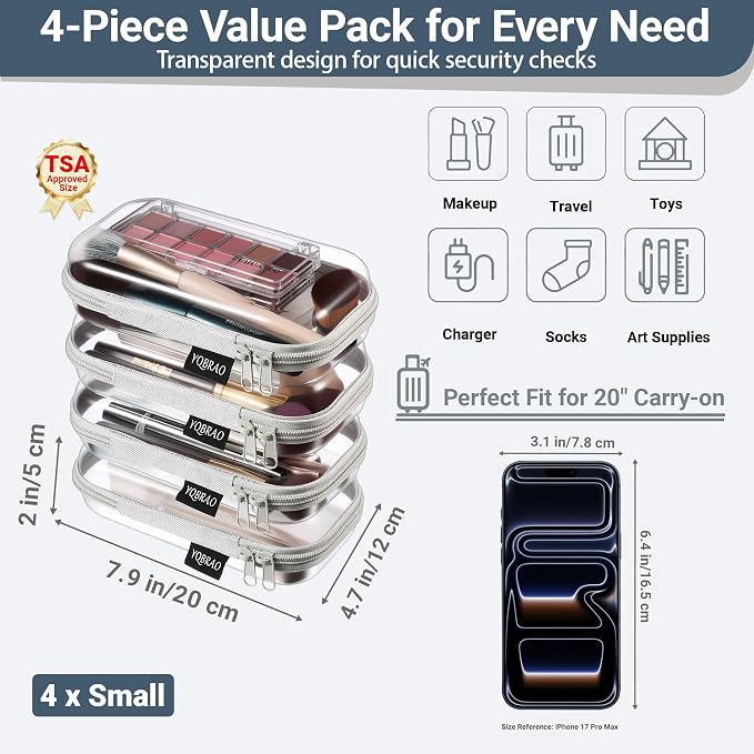 YQBRAO 4-Pack Clear Hard Shell Zipper Case, 1.2mm Ultra-Thick Diaper Bag Organizer Pouches, Rigid Self-Standing Travel Makeup Bags with YKK Zippers, TSA Approved, Gray - Image 4