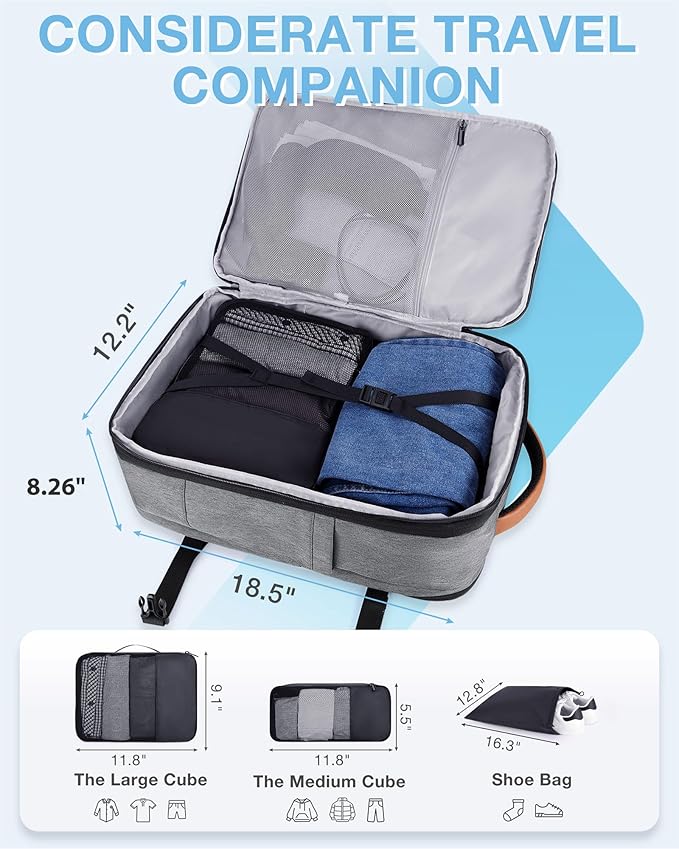 BAGSMART 37L Expandable Travel Backpack Compression Carry On Daypack | Grey weekender bag fits 17" laptop. Water resistant luggage with packing cubes and shoe pouch. - Image 5