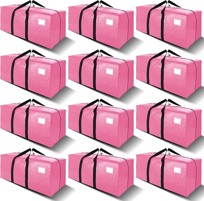 VELVETSURE 12 Pack Heavy Duty Large Moving Bags W/Backpack Straps - Strong Handles & Zippers, Storage Totes For Space Saving, Fold Flat, Alternative to Moving Box and Storage Bin, Pink by VELVETSURE