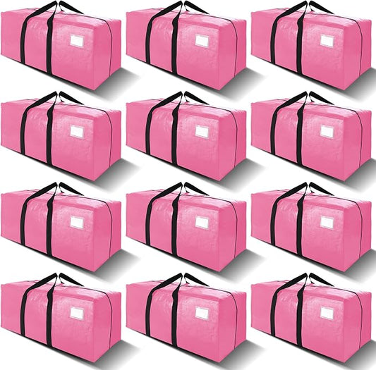 VELVETSURE 12 Pack Heavy Duty Large Moving Bags W/Backpack Straps - Strong Handles & Zippers, Storage Totes For Space Saving, Fold Flat, Alternative to Moving Box and Storage Bin, Pink by VELVETSURE