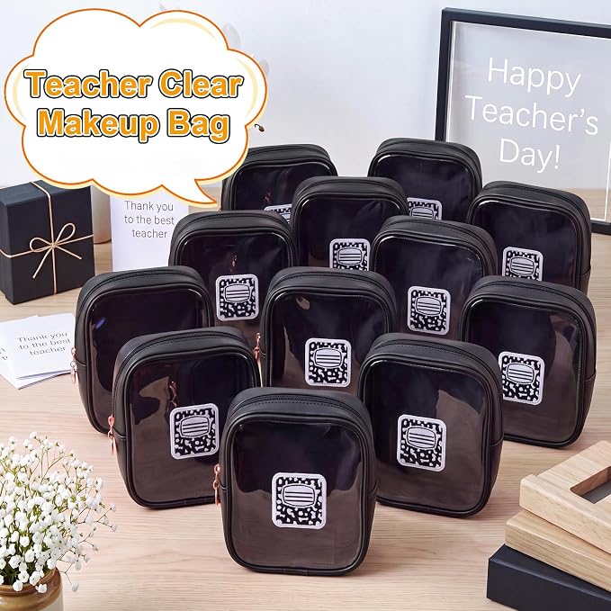12 Pack Back to School Clear Makeup Bag, PVC Cosmetic Pouch with Composition Notebook Embroidery, Teacher Appreciation Gift, Small Waterproof Leather Travel Bag for Women, Black - Image 4