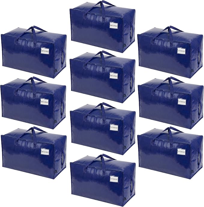 VENO 10 Pack Extra Large Heavy Duty Moving Bags with Wide Opening & Reinforced Handles, Reusable Storage Tote Bags with Strong Zippers for Clothes, College Dorm Essentials & Moving Supplies by Veno