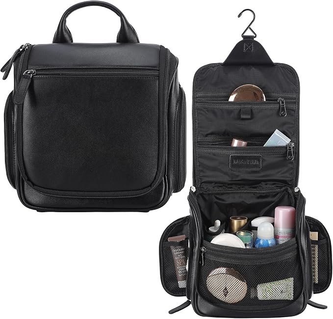 Masa Kawa Leather Hanging Travel Toiletry Bag for Men Portable Expandable Camping Cosmetics Makeup Toiletries Organizer Waterproof Bathroom Shaving Kit Black Wash Bags - Image 7