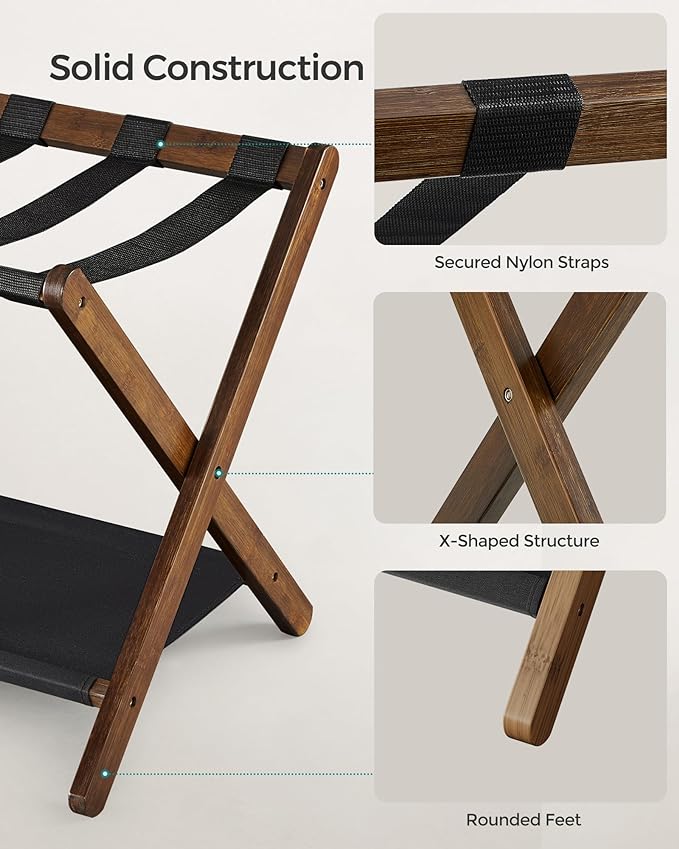 SONGMICS Luggage Rack, Set of 2, Folding Suitcase Stand with Storage Shelf, for Guest Room, Hotel, Bedroom, Heavy-Duty, Holds up to 131 lb, Walnut Brown URLR007D02 - Image 3