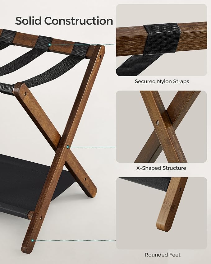 SONGMICS Luggage Rack, Folding Suitcase Stand with Storage Shelf, for Guest Room, Hotel, Bedroom, Heavy-Duty, Holds up to 131 lb, Walnut Brown URLR007D01 - Image 3