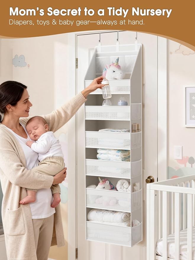 Criusia Over the Door Organizer, Heavy-Duty 6-Shelf Hanging Storage with 13 Mesh Pockets, 55lbs Capacity Behind the Door Storage for Nursery, Bathroom, Bedroom, and Dorm, White - Image 4