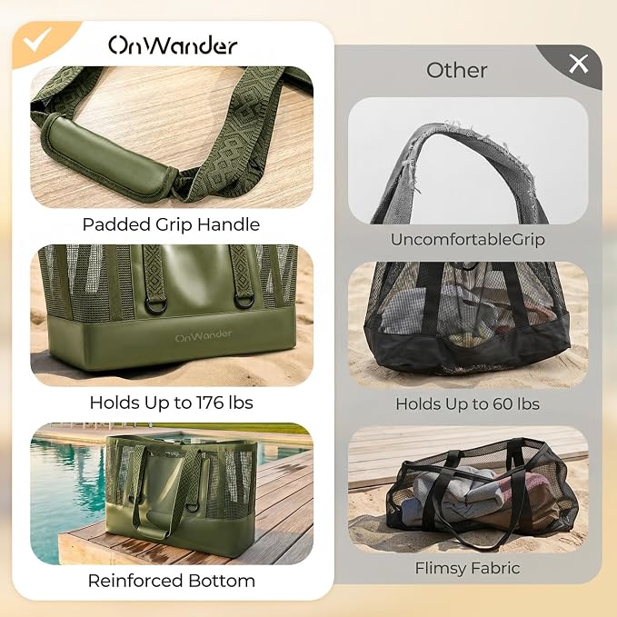 Large Mesh Beach Bag, Waterproof Bottom Tote, Structured Design Waterproof Pocket, Sandproof Pool Bag for Cruise Gym - Image 5