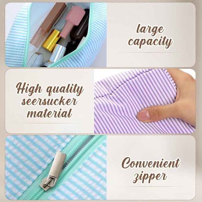Sanwuta 9 Seersucker Cosmetic Bag Bulk Striped Makeup Bag for Women Aesthetic Cute Travel Toiletry Organizer Preppy Storage Pouch for Wedding Bridesmaid Mother's Day Teacher Gift (Large,Candy Color) - Image 3