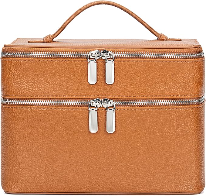 BAGOK Double Layer Makeup Vanity Case, Large Capacity Cosmetic Bag with Removable Divider & Brush Organizer, Travel Toiletry Bag for Women, Portable PU Leather Organizer with Handle by BAGOK