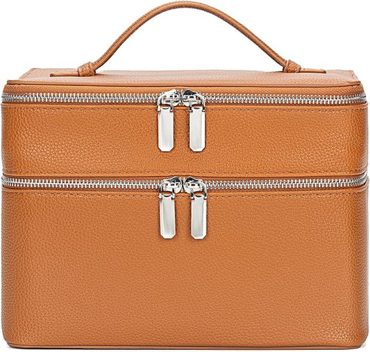 BAGOK Double Layer Makeup Vanity Case, Large Capacity Cosmetic Bag with Removable Divider & Brush Organizer, Travel Toiletry Bag for Women, Portable PU Leather Organizer with Handle by BAGOK