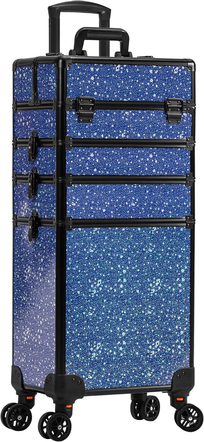 AROUS Rolling Makeup Train Case 5 in 1 Cosmetology Case on Wheels Large Cosmetic Organizer Travel Cart for Hairstylist Artist Nail Beauty Salon Barber,Blue - Image 8