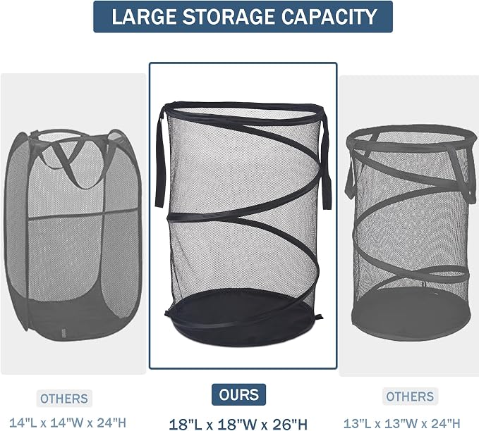 Seiritex Mesh Popup Laundry Hamper 115L Foldable Laundry Basket Extra Large Capacity Collapsible Clothing Storage Basket with Handles 26 H x 18 W x 18 L (Black) - Image 2