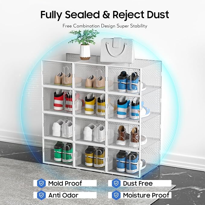 eWonLife Large Shoe Organizer Storage Box with Magnetic Door,12 Pack Clear Plastic Stackable Sneaker Containers for Closet, Connect Left and Right Shoe Box for Entryway, Drop Front, Under Bed (White) - Image 8