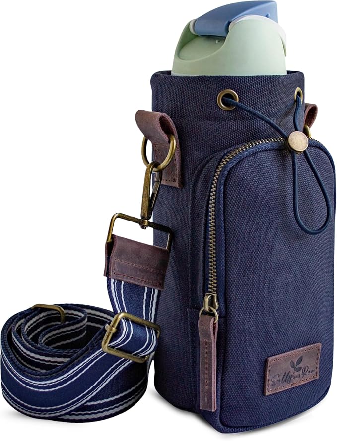 Water Bottle Holder with Strap & Pocket Fits 16 to 32 oz Bottles Crossbody Water Bottle Carrier for Women Canvas and Leather by SOLLYANDRUE