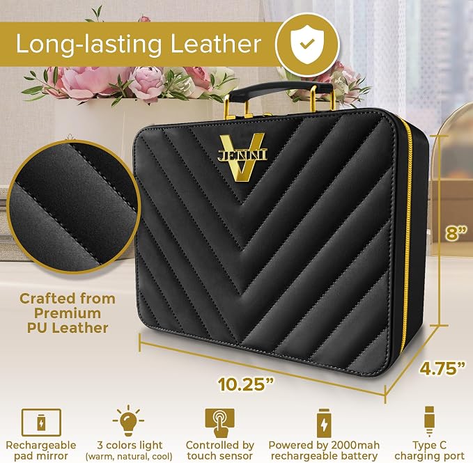 JENNI V Upscale PU Leather Makeup Bag with Light Up Mirror, 3 Brightness Settings, Adjustable Dividers - Replace Your Bulky Vanity While On the Go - Chic Travel Makeup Case Box - Makeup Organizer Bag - Image 5