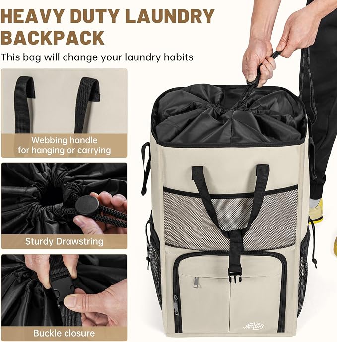 170L Laundry Backpack Bag with 3 Sizes Mesh Wash Bags Empty, Extra Large 2 in 1 Laundry Hamper Basket with Shoulder Straps, Freestanding Laundry Bag for College Dorm, Laundromat, Apartment (Beige) - Image 6