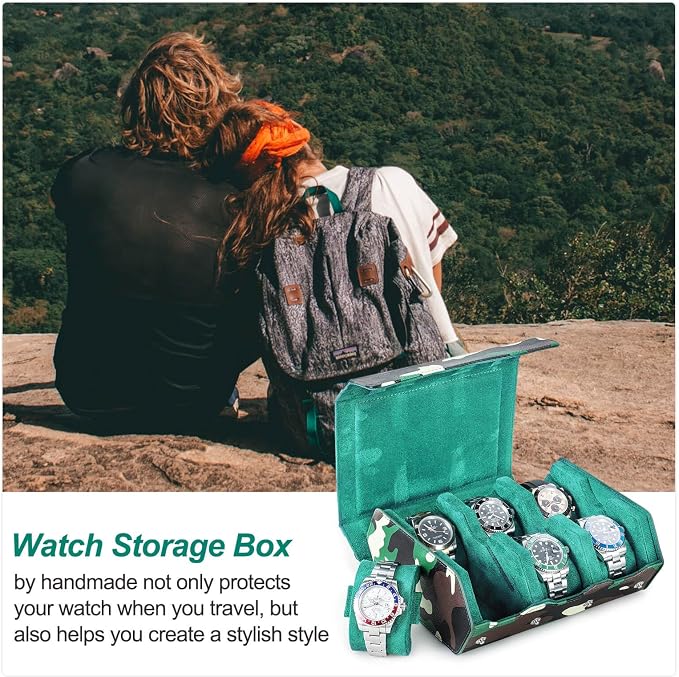 Hiram Genuine Leather Hexagon Watch Roll Travel Case, Military Camouflage Leather 6-Watches Roll Case with Removable Pillow Cushion for Treasured Watches and Bracelets-Camouflage Green - Image 6