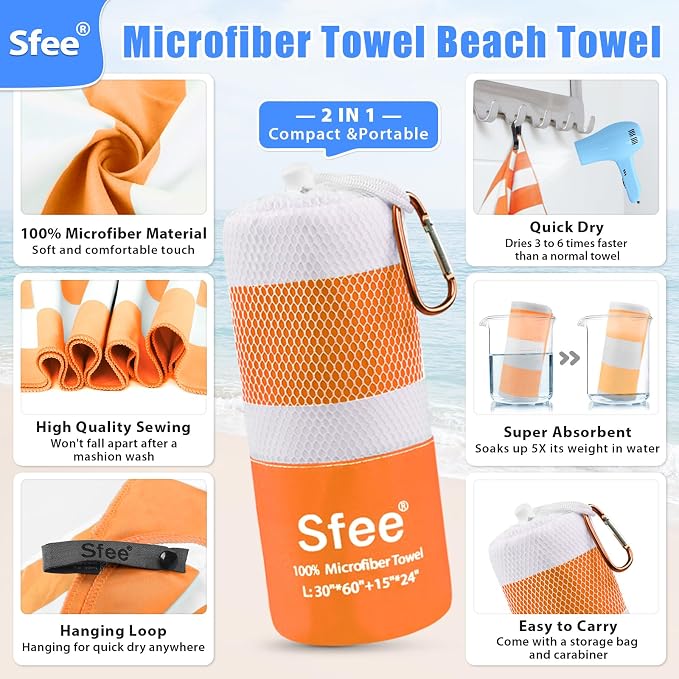 Sfee 2 in 1 Microfiber Travel Towel, Quick Dry Towel Camping Beach Towel Super Absorbent Compact Lightweight Sports Gym Towel Set for Gym, Hiking, Pool, Bath, Yoga (Small: 32''x16'') - Image 3