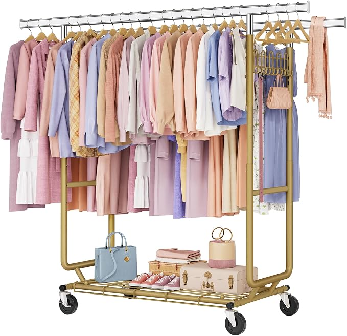 Hoctieon 2-Minute Assembly Double Rod Clothes Rack, Heavy Duty Rolling Clothing Racks with Wheels, Foldable Commercial Garment Rack, Extendable Hanging Bar, Adjustable Metal Pole with Hooks, Gold by Hoctieon
