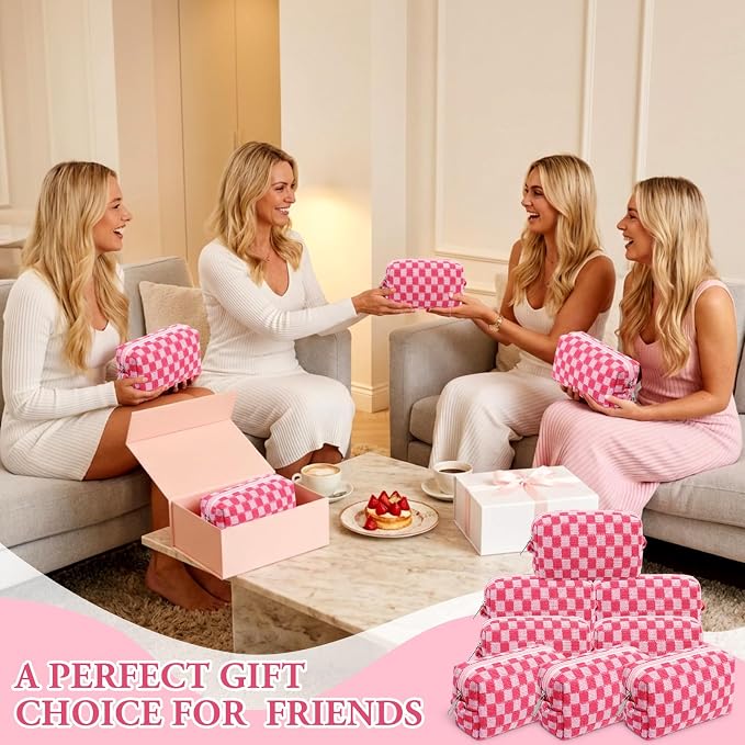 Gilprop 8 Pcs Checkered Makeup Bag for Purse Small Cosmetic Pouch Bulk Portable Zipper Makeup Pouch Travel Toiletry Organizer Gifts for Women Bridesmaid Wedding Party Favors (Hot Pink) - Image 7